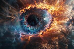 Surreal image of an eye engulfed in vibrant flames and lightning, depicting intense emotion photo