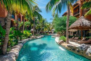 Tropical resort paradise with serene lazy river pool photo