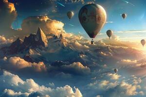 Sunset dreams, hot air balloons over a majestic mountain range photo