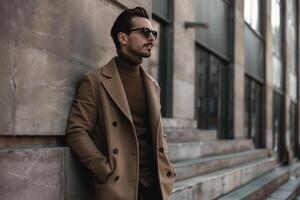 Stylish man in overcoat posing in urban setting photo