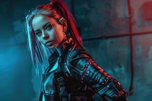 Cyberpunk styled portrait in neon lights photo