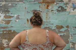 Woman standing against distressed rustic wall photo