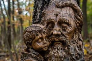 Enchanting wood carving of child and elder photo