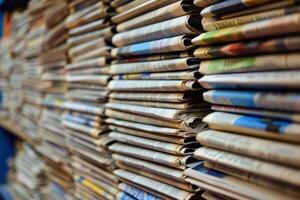 Detailed view of a dense stack of newspapers, highlighting text and texture photo