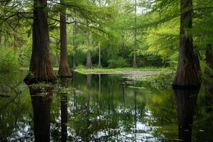 Tranquil view of a swamp with bald cypress trees and green foliage reflecting on water photo