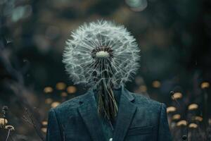 Artistic concept of a person with a dandelion flower for a head against a dark moody backdrop photo
