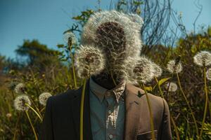 Surreal man with dandelion head in field photo