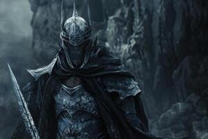 Dark fantasy knight in misty landscape photo