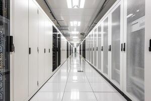 Modern data center corridor with server racks photo