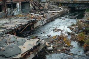 Haunting image depicting the ruins of a collapsed urban infrastructure, with overgrown vegetation photo