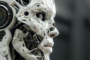 Closeup of a humanoid robot's face with intricate details and a contemplative expression photo