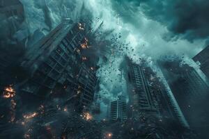 Surreal image of a city under cataclysmic destruction, with buildings collapsing in chaos photo