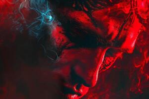 Fiery portrait, intense red hues with smoke photo