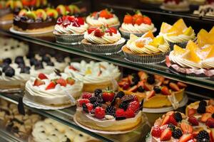 Assorted fresh fruit tarts and cakes in bakery display photo