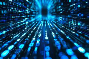 Highspeed journey through a tunnel of glowing blue binary code photo