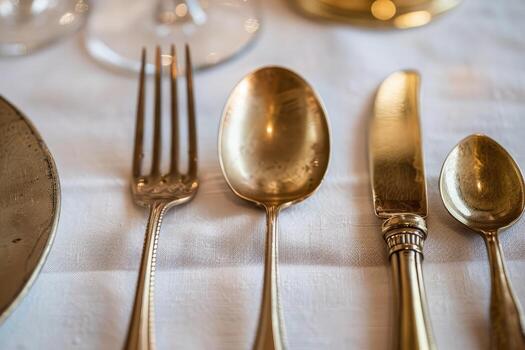 elegante mesa ajuste con dorado cuchillería foto