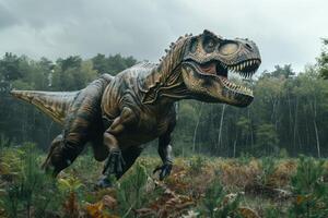 Lifelike tyrannosaurus rex roaming in forest photo