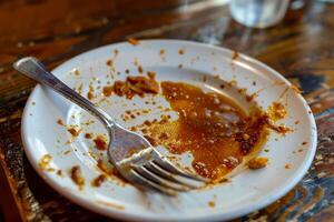 Empty plate with food scraps and fork photo