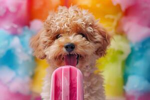 Happy poodle puppy enjoying pink ice pop photo