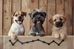 Three happy dogs posing behind chart photo