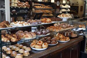 Tempting bakery display with assorted pastries photo