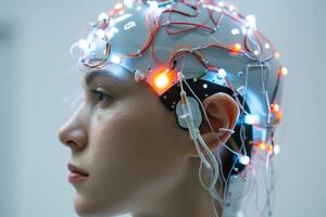 Side profile of a person with a braincomputer interface full of glowing wires photo