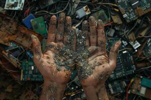 Hands with electronic waste dust photo