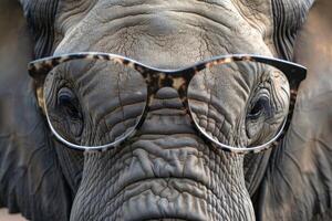 Closeup of an elephant with a humorous twist, showcasing a pair of glasses on its face photo