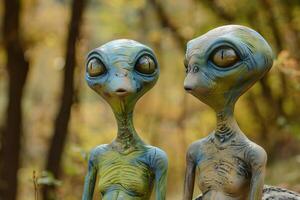 Extraterrestrial encounter, alien figures in forest setting photo