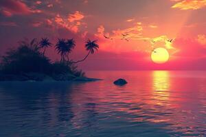 Vivid sunset over tranquil tropical ocean with silhouetted palm trees and birds photo