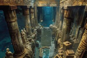 Eerie view of ancient submerged temple with hieroglyphics and statues photo