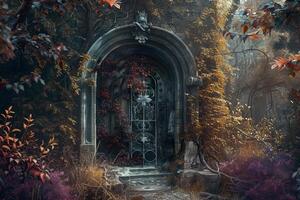 Mystical archway entrance with ivy and autumn foliage in a magical forest setting photo