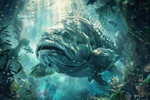 Digital artwork of a colossal fish surrounded by aquatic flora in a mystical underwater scene photo