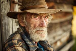 Elderly man with weathered face in rustic setting photo