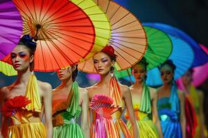 vistoso Moda desfile con paraguas foto