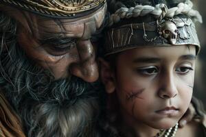 Generational warriors, elder and child with face paint photo
