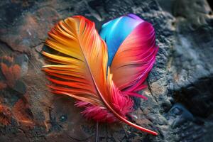 Vibrant multicolored feather on textured background photo