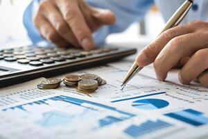 Analyzing financial data on charts with calculator and coins photo