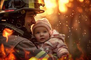 Firefighter holding baby with fire background photo