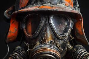 Close up portrait of a vintage firefighter's helmet and mask photo