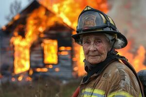 Brave firefighter in front of blazing fire photo