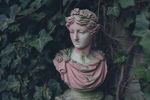 Ancient statue enveloped in ivy photo