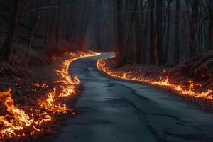 Fiery path through a twilight forest photo