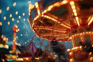 Illuminated carousel in motion with festive lights, capturing a magical night at the fair photo