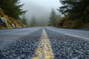 Misty forest road with close-up asphalt texture photo