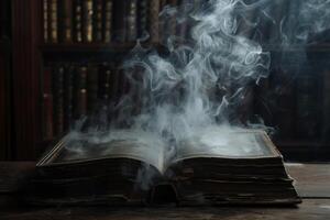 Mystical smoke rising from antique opened book photo