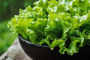 Fresco verde lechuga hojas en cuenco foto