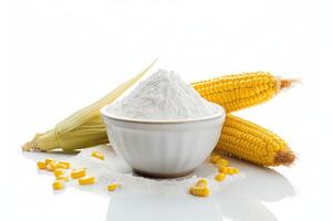 Fresh corn and cornflour on white background photo