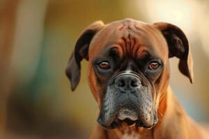 Close-up of a focused boxer dog with warm bokeh background photo