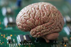 Artificial intelligence concept with brain on circuit board photo